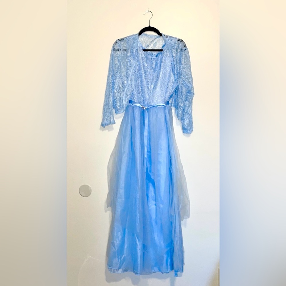 Light Blue Belted Maxi Dress With Cropped Lace Cardigan